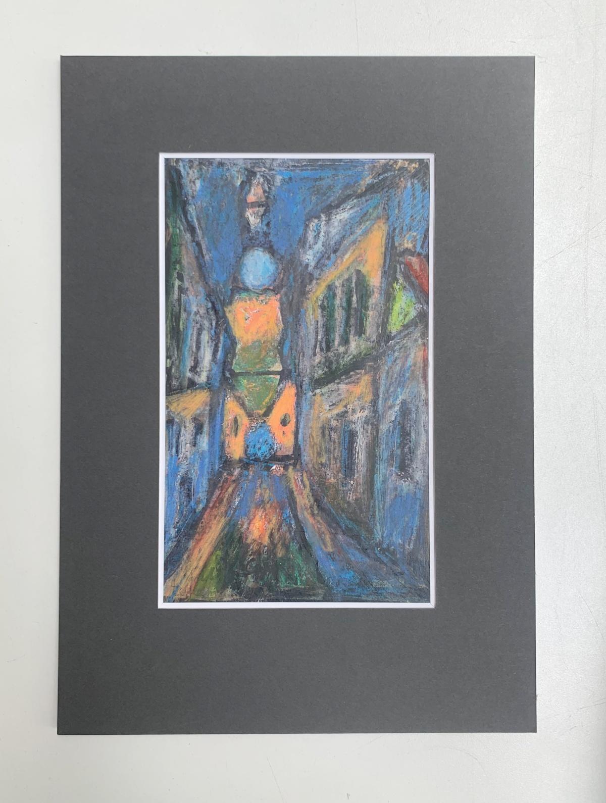 Une rue la nuit. dessin en techniques mixtes colorées, petite échelle, artiste polonais - Art de Eugeniusz Tukan-Wolski