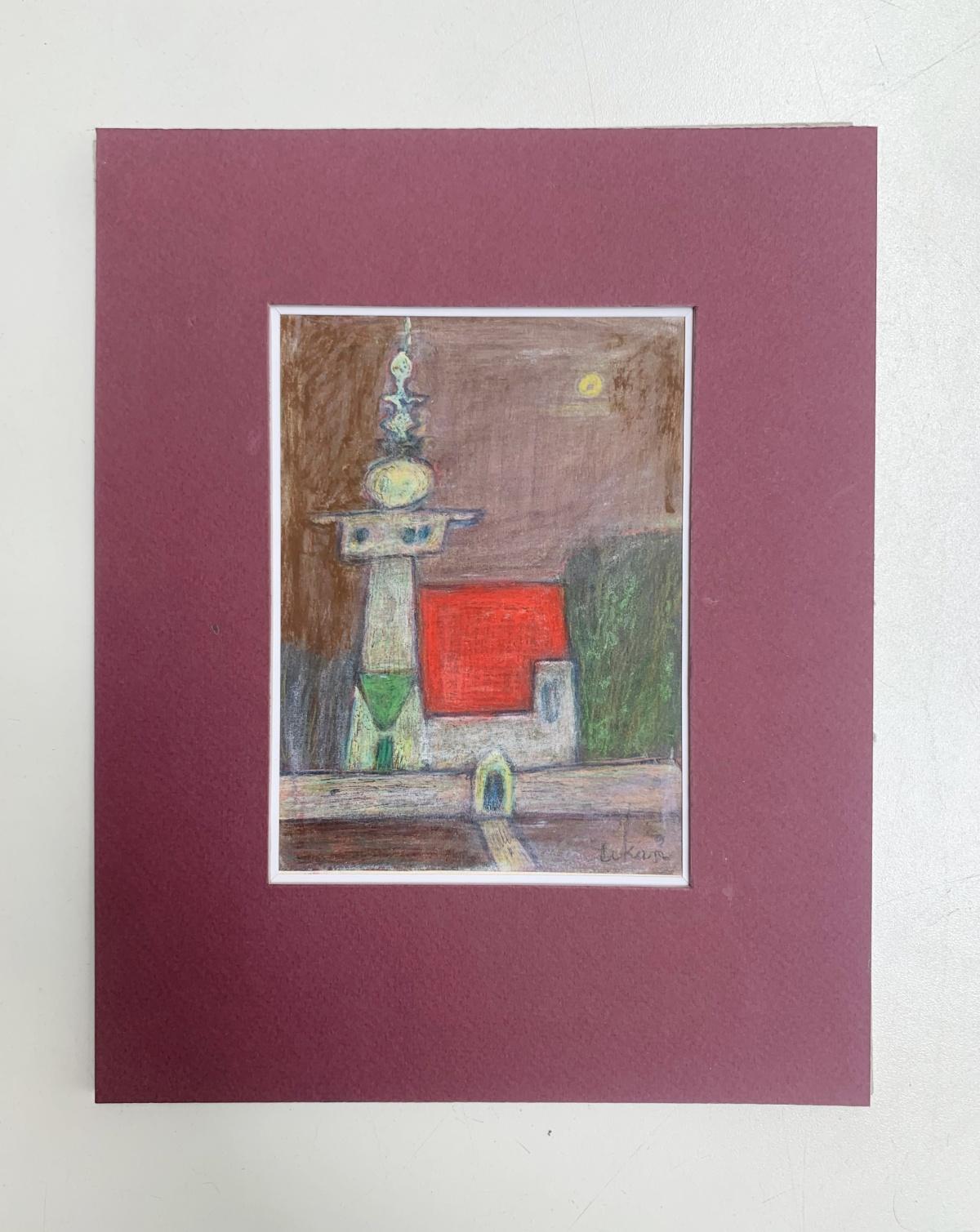 A temple. Mixed media drawing, Colorful, Small scale, Polish artist For Sale 1