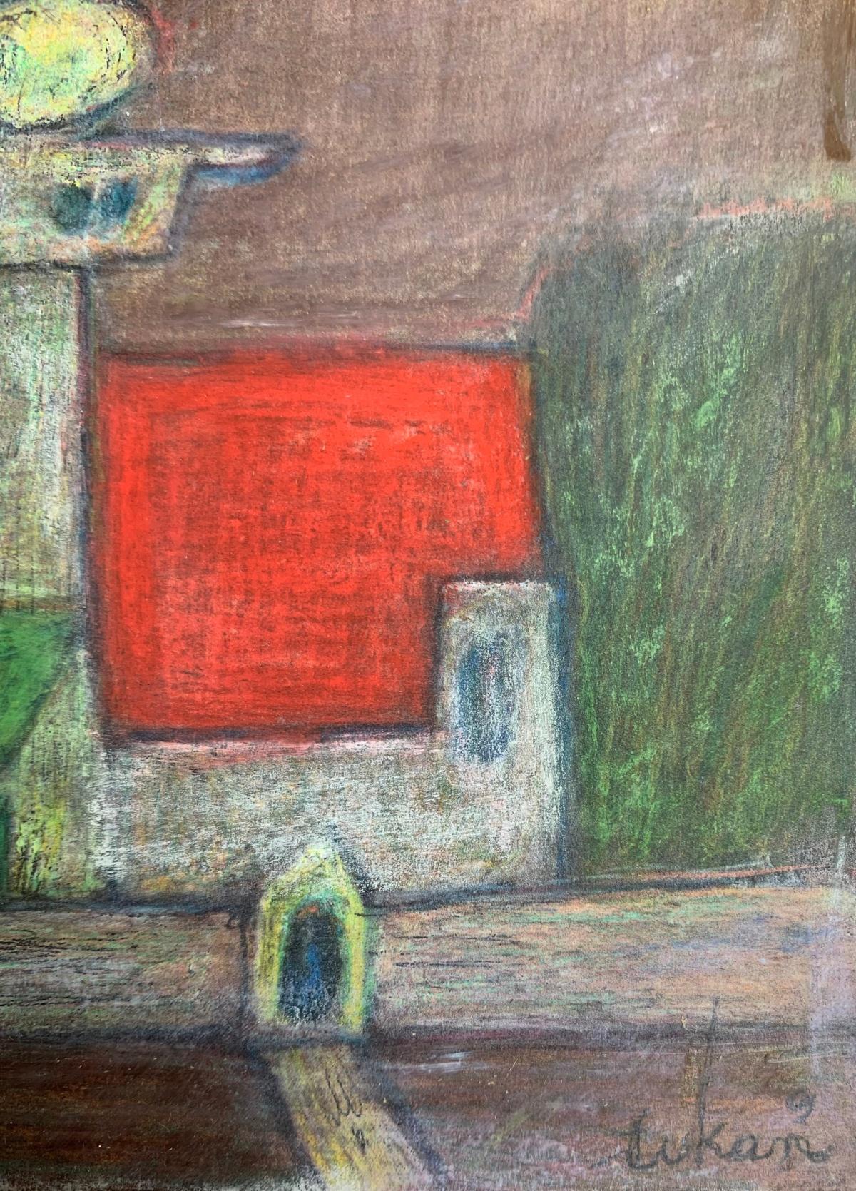 A temple. Mixed media drawing, Colorful, Small scale, Polish artist - Brown Figurative Art by Eugeniusz Tukan-Wolski