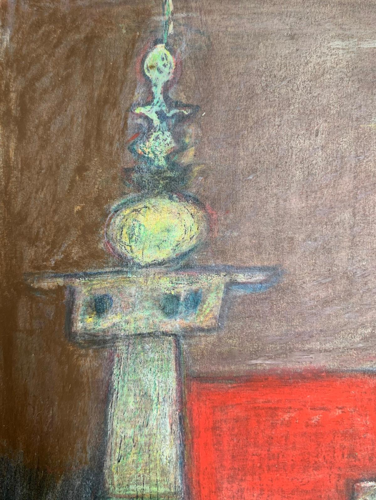 Mixed media small scale figurative & abstract drawing on paper by Polish artist Eugeniusz Tukan-Wolski. At first glance, the artwork looks like an abstraction, however the tile 'A temple' gives context and the shapes become more obvious as an