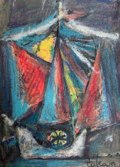 A sailing ship. Mixed media drawing, Colorful, Small scale, Polish artist