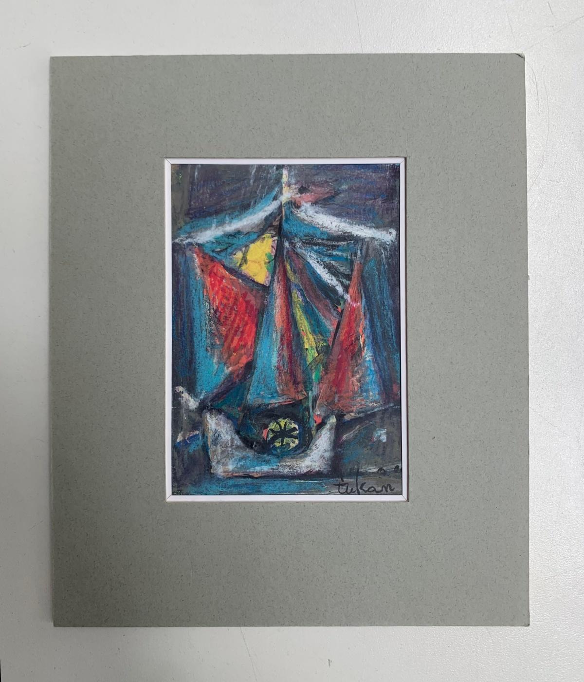 A sailing ship. Mixed media drawing, Colorful, Small scale, Polish artist - Art by Eugeniusz Tukan-Wolski