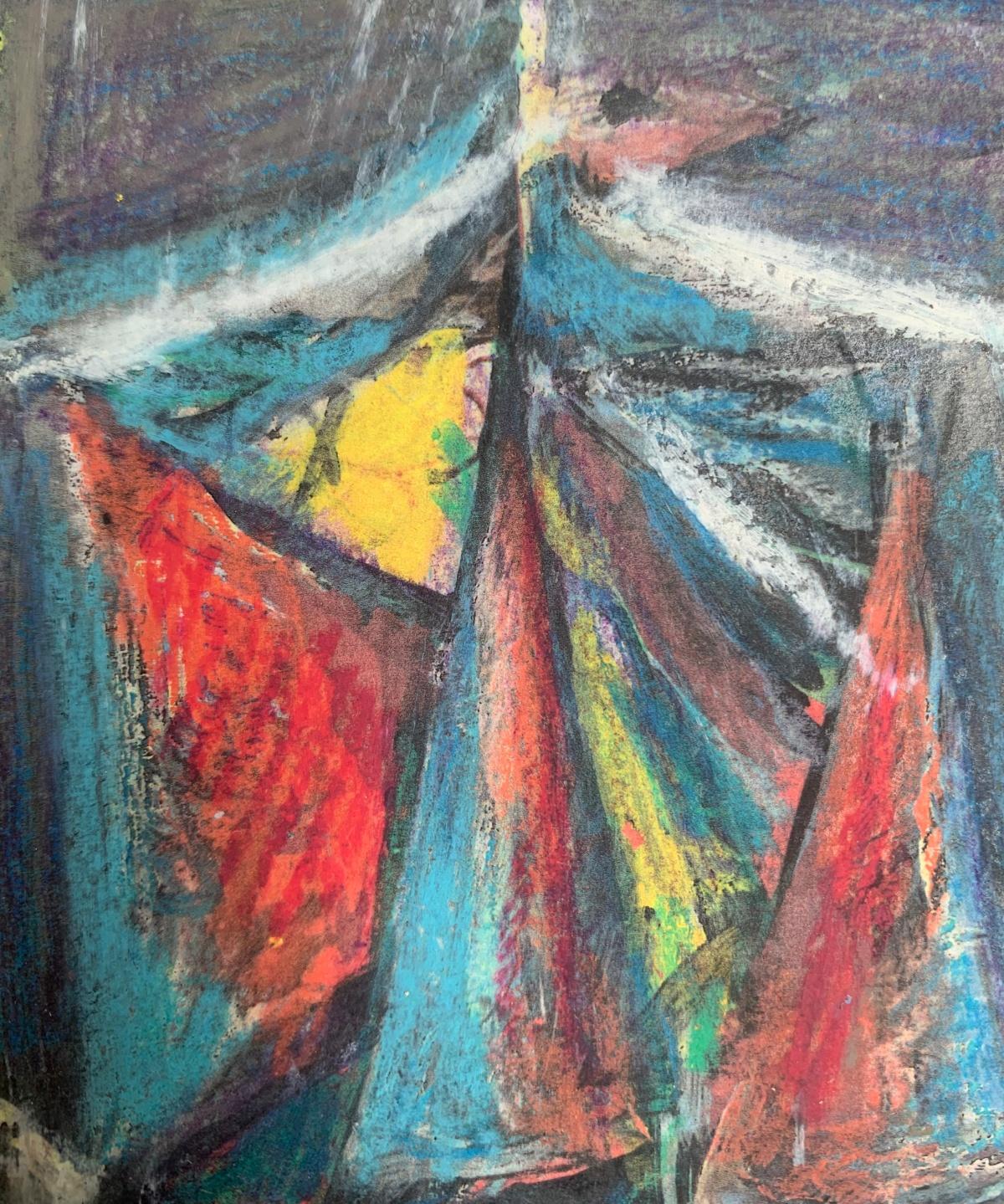 A sailing ship. Mixed media drawing, Colorful, Small scale, Polish artist - Gray Figurative Art by Eugeniusz Tukan-Wolski