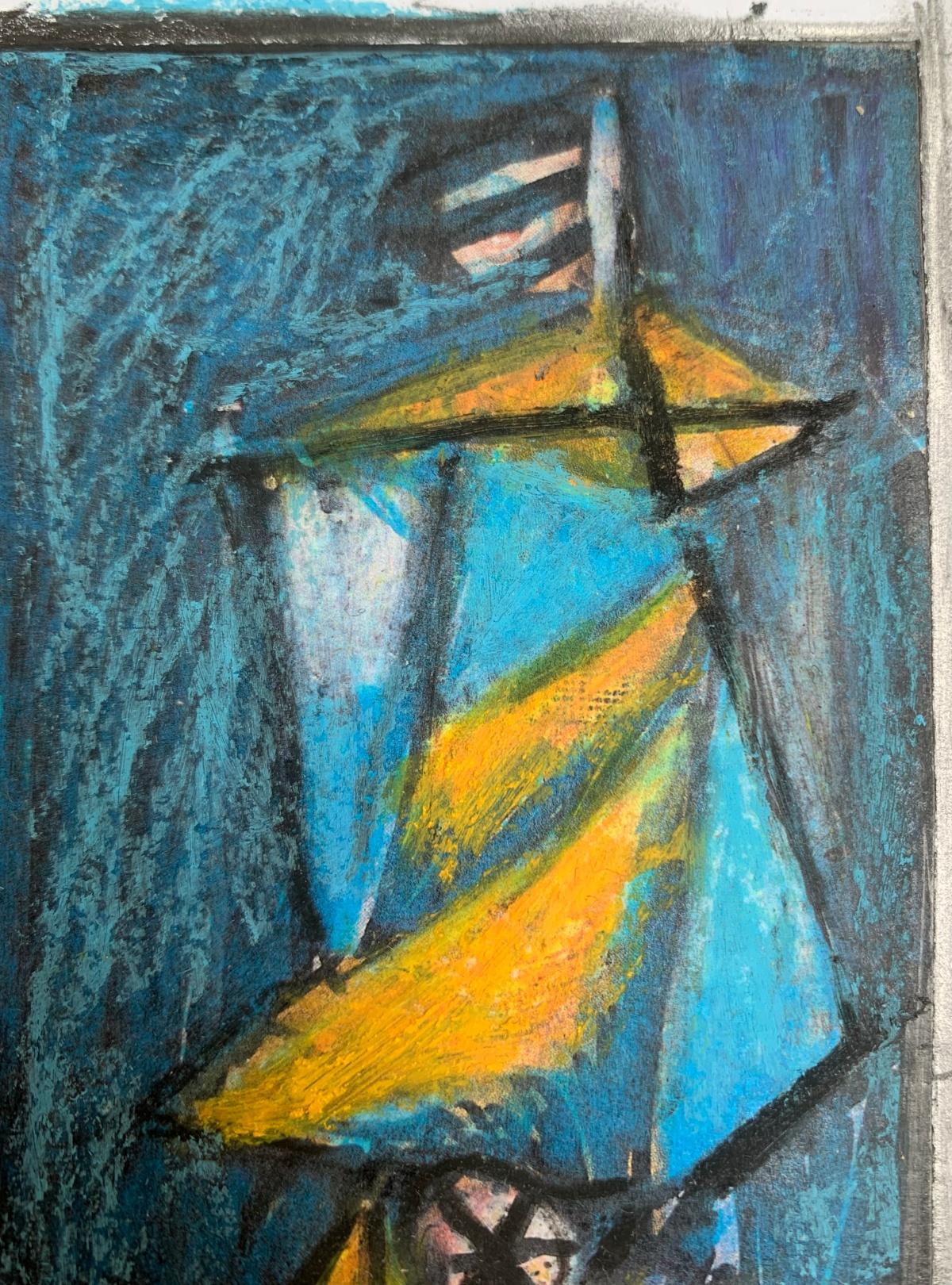 A boat. Mixed media drawing, Colorful, Small scale, Polish artist - Gray Figurative Art by Eugeniusz Tukan-Wolski
