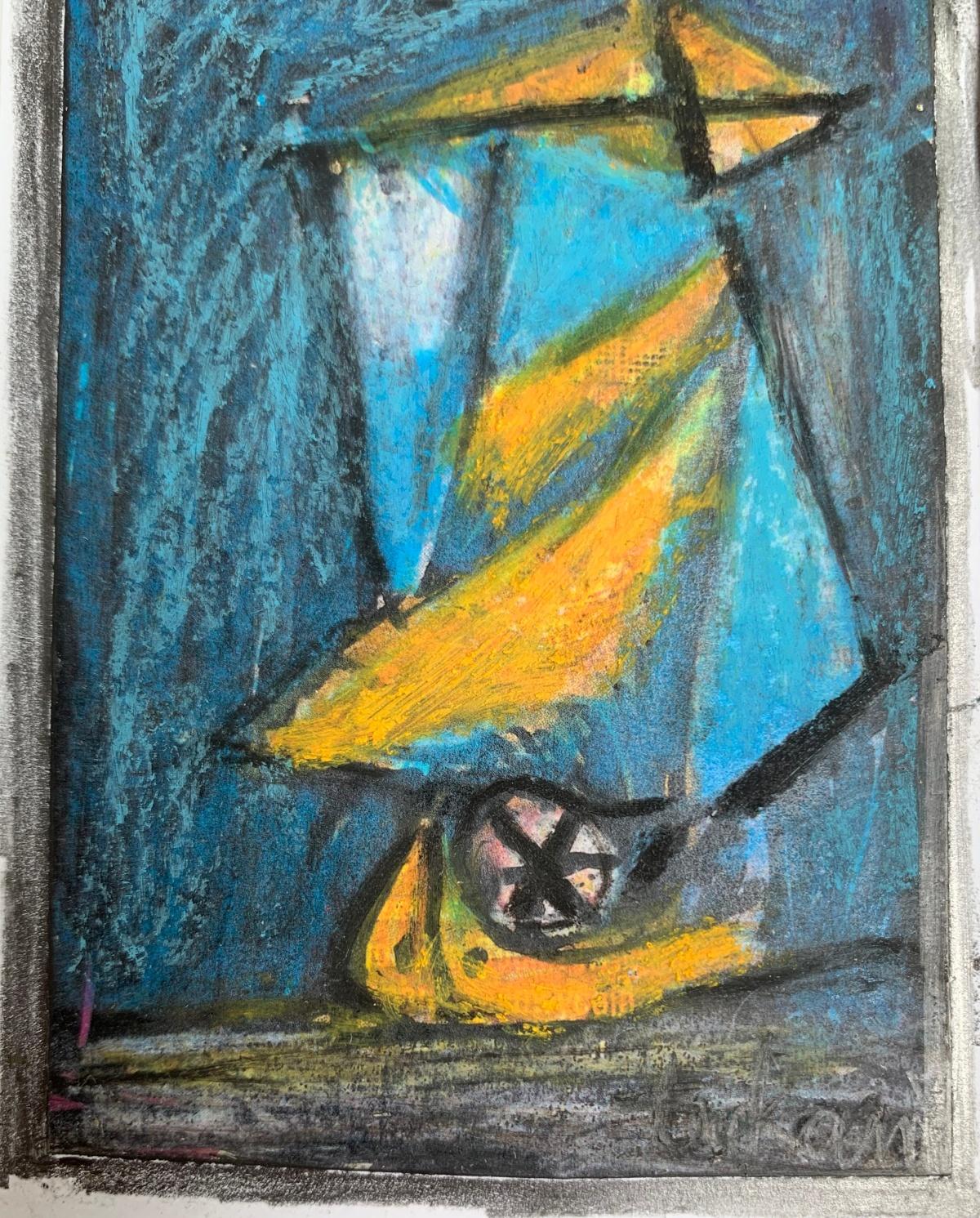A boat. Mixed media drawing, Colorful, Small scale, Polish artist - Contemporary Art by Eugeniusz Tukan-Wolski