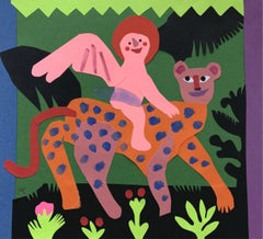 Leopardo e cherubino. Papercut, opera d'arte a guazzo, Animale, Figurativo, Artista polacco