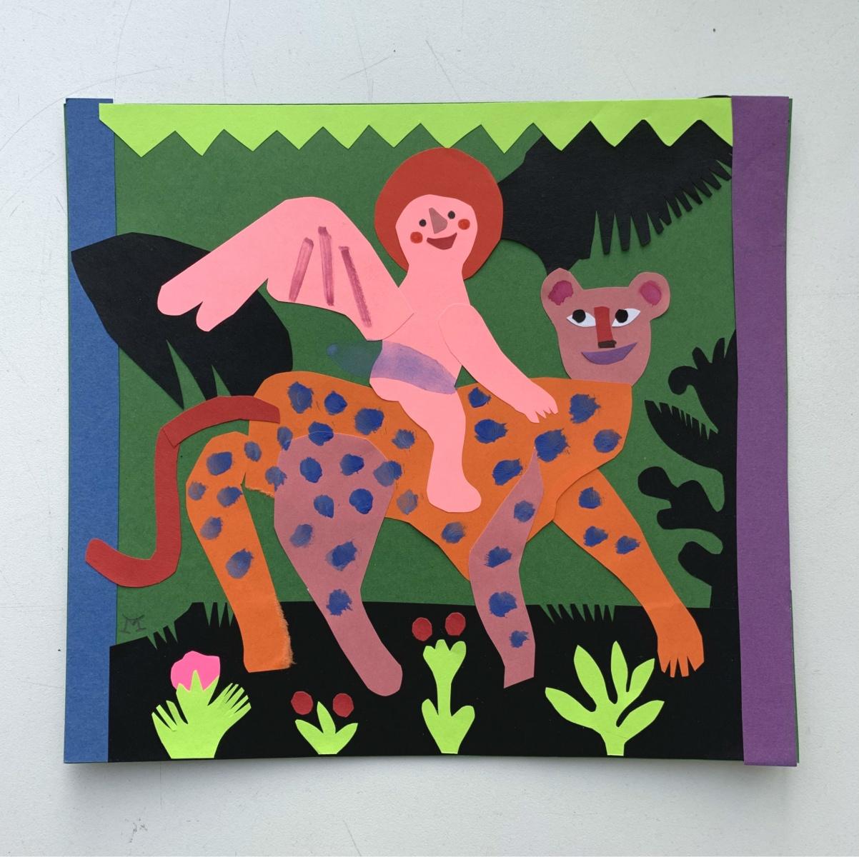 Leopardo y querubín. Papercut, Obra de arte gouache, Animal, Figurativo, Artista polaco - Mixed Media Art Contemporáneo de Marianna Oklejak