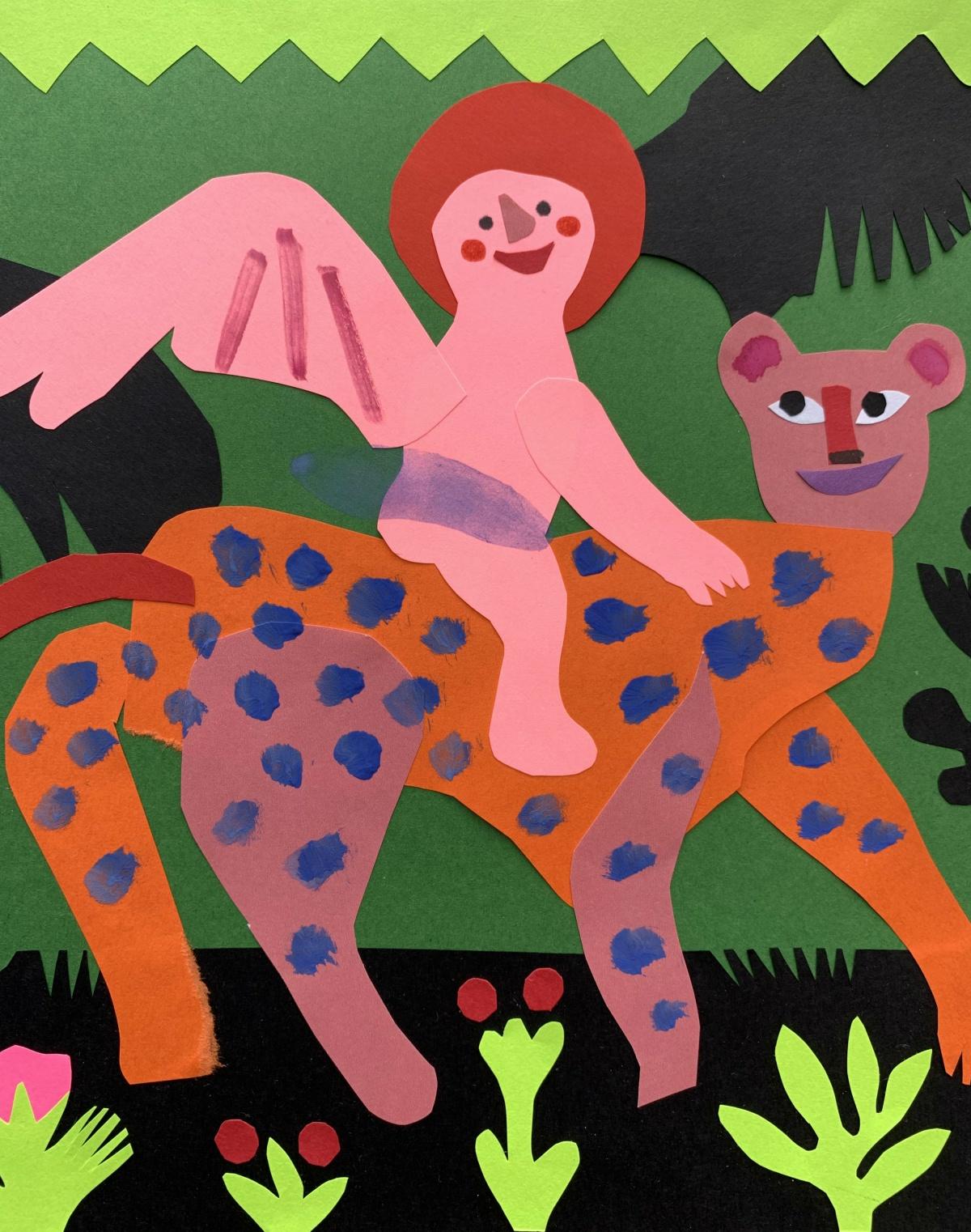 Alegre obra de arte sobre papel que representa a un querubín sentado a lomos de un leopardo, de la artista polaca Marianna Oklejak. La obra está hecha con recortes de papel y témpera. Debido a la técnica, la obra de arte es un poco tridimensional.