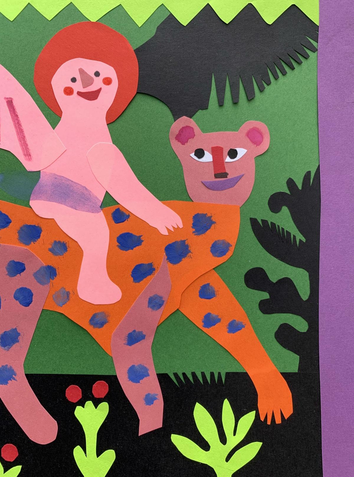 Leopardo y querubín. Papercut, Obra de arte gouache, Animal, Figurativo, Artista polaco en venta 1