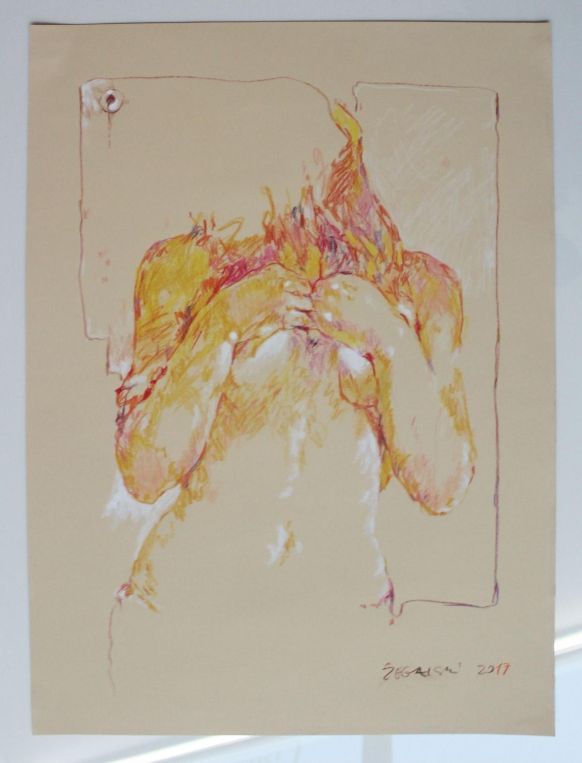 Dessin contemporain figuratif de femme nue au crayon sur papier par Leszek 'Maestro' Zegalski. L'œuvre d'art représente une femme couvrant son visage de cheveux et ses parties intimes avec ses mains. Ce dessin est assez dynamique d'une certaine