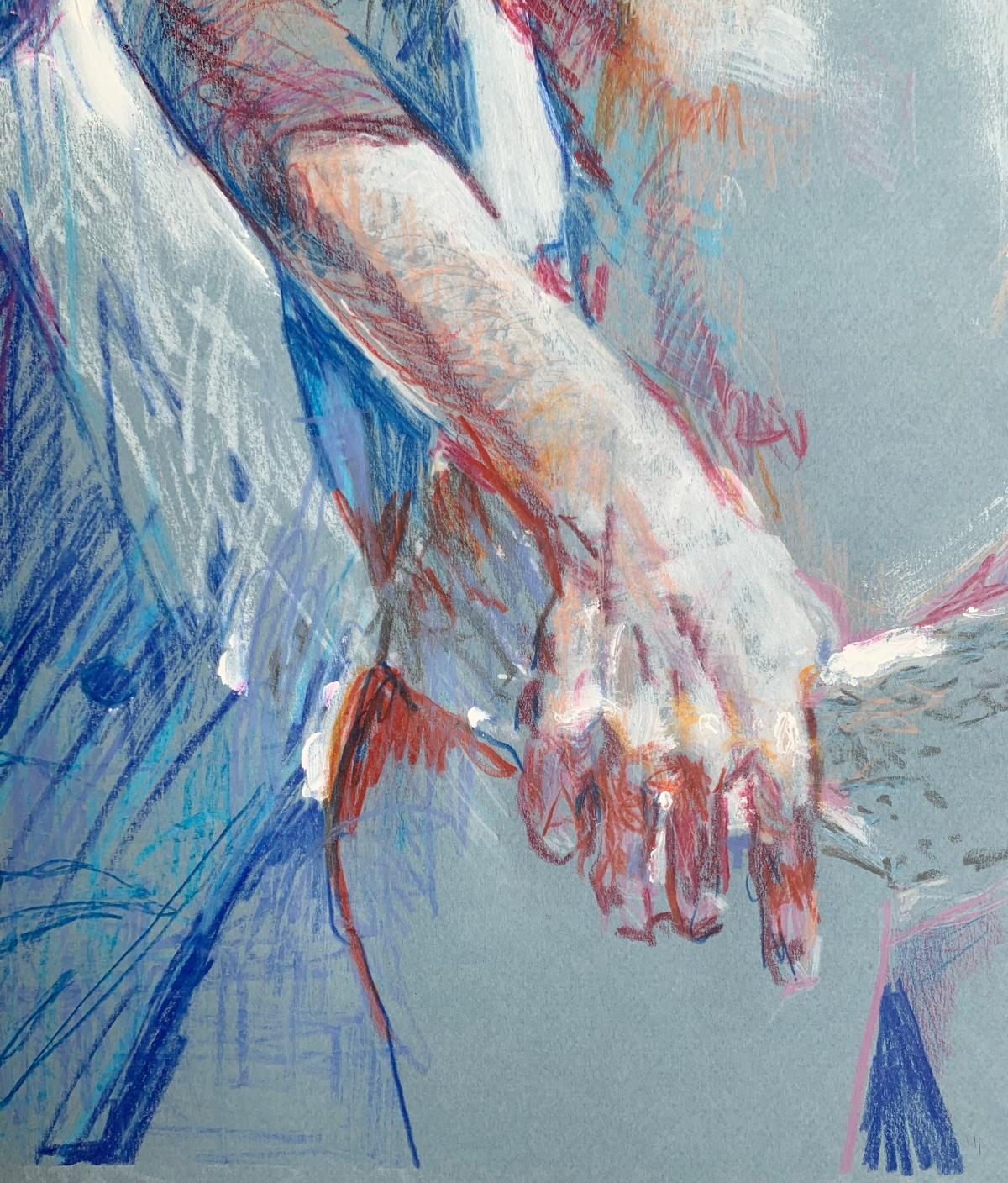 Disegno figurativo contemporaneo di nudo femminile a pastello su carta di Leszek 'Maestro' Zegalski. L'opera d'arte raffigura una donna seminuda. Questo disegno è piuttosto dinamico, in un certo senso come il tratto dell'artista con i pastelli. Il
