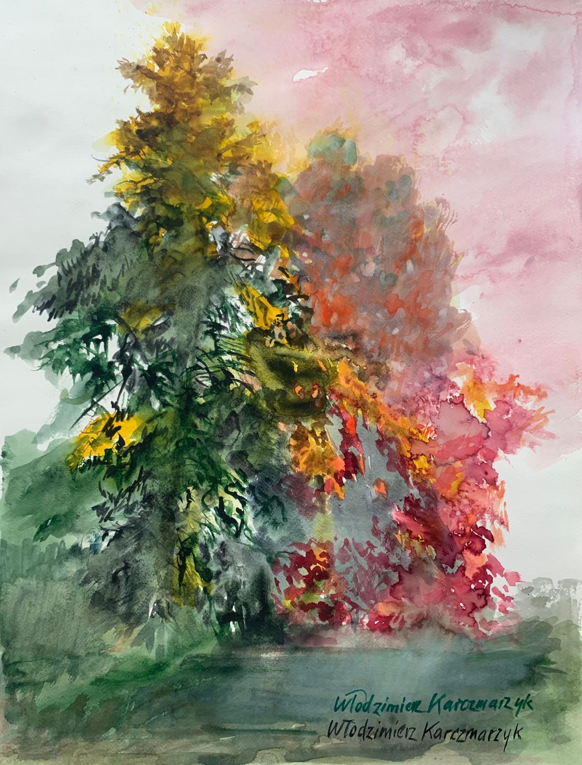 Włodzimierz Karczmarzyk Landscape Art - Fall in the neighborhood. Watercolor, Realistic Landscape Classic, Polish artist
