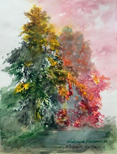 Fall in the neighborhood. Watercolor, Realistic Landscape Classic, Polish artist