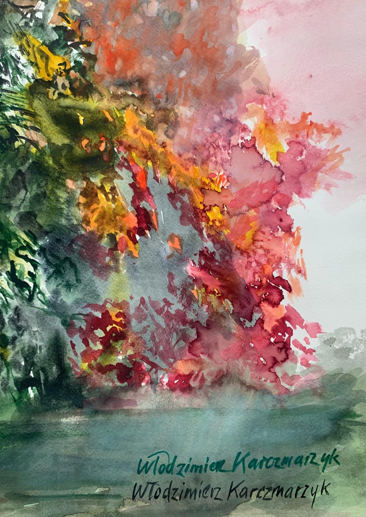 Fall in the neighborhood. Watercolor, Realistic Landscape Classic, Polish artist - Art by Włodzimierz Karczmarzyk