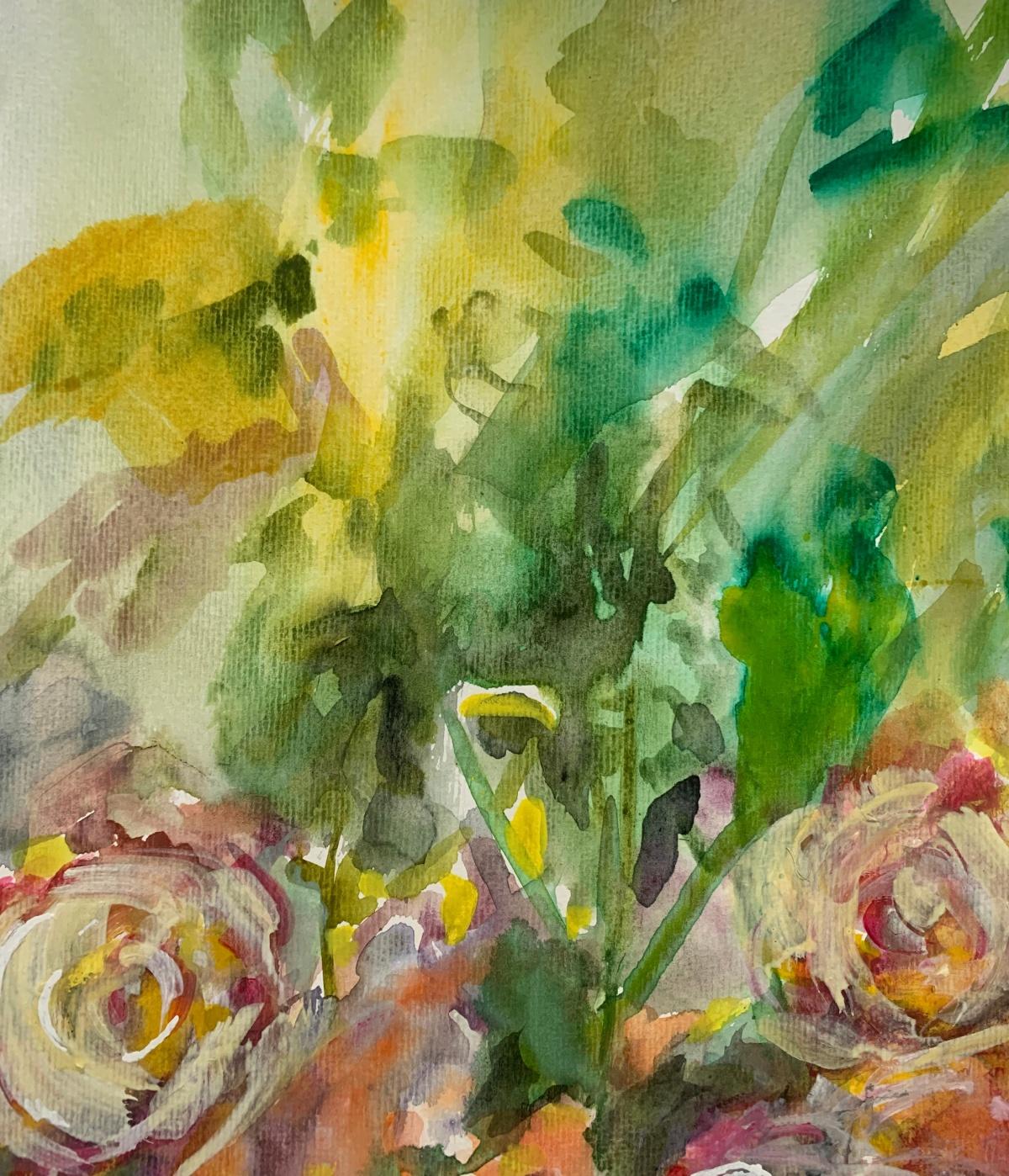 Des roses. Acrylique sur papier, Réaliste, Floral, Classic, Artiste polonais - Marron Figurative Art par Włodzimierz Karczmarzyk