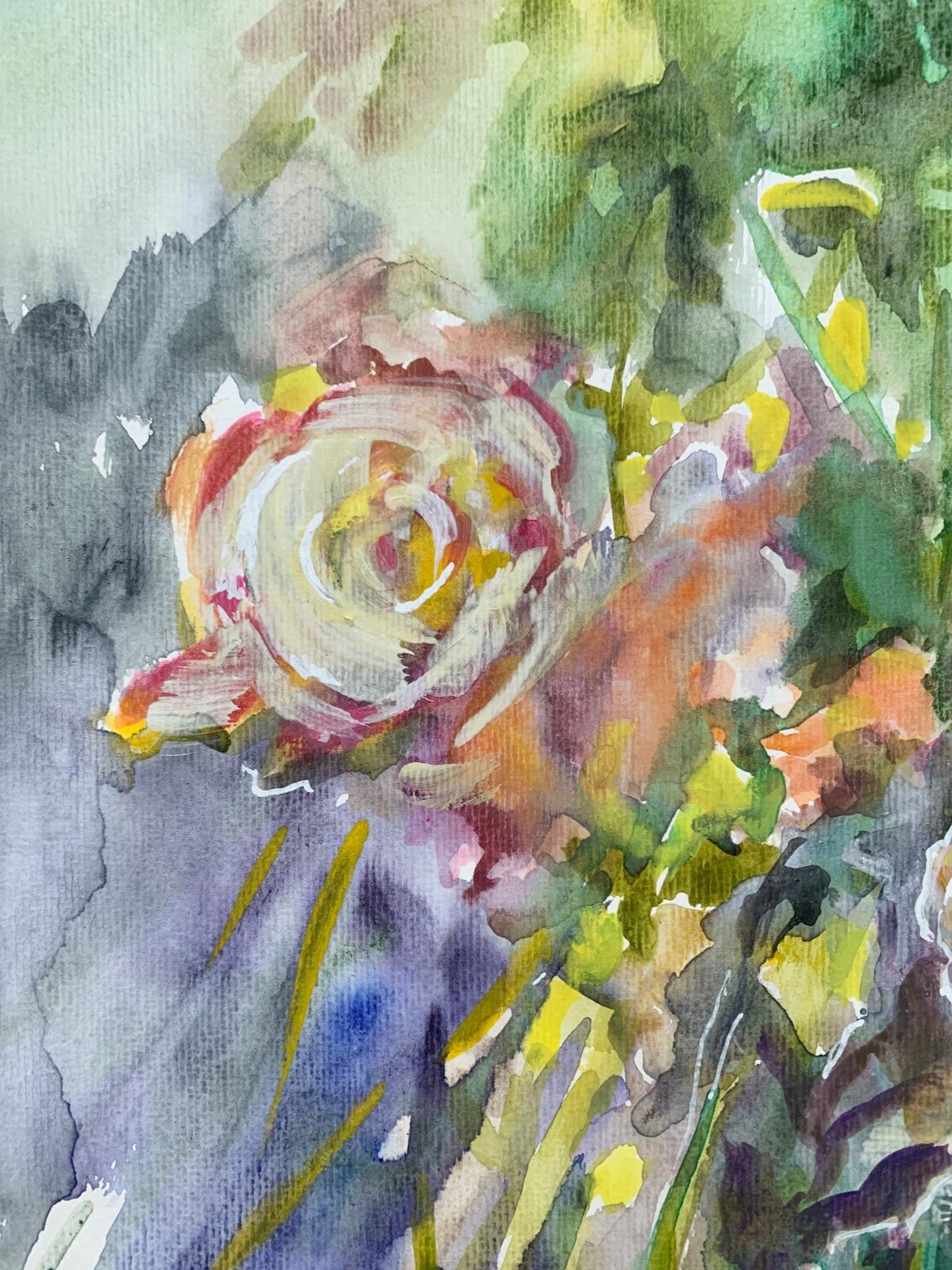 Peinture acrylique contemporaine sur papier de l'artiste polonais Wlodzimierz Karczmarzyk. L'œuvre d'art est colorée, elle représente les fleurs dans un style proche de l'esquisse mais réaliste à la fois.

WŁODZIMIERZ KARCZMARZYK (né en 1930)