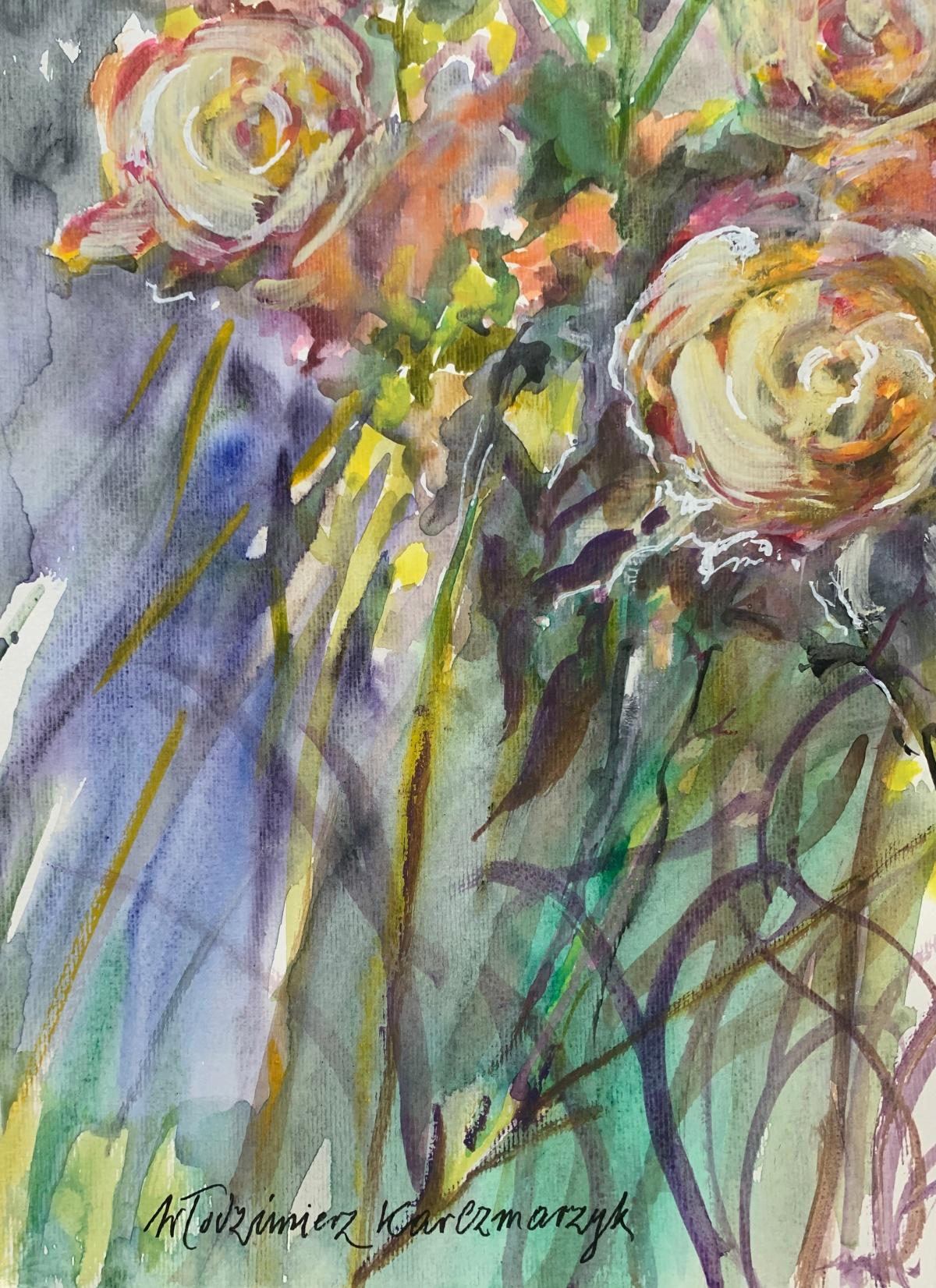 Des roses. Acrylique sur papier, Réaliste, Floral, Classic, Artiste polonais en vente 1