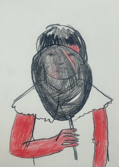 Chica con globo. Dibujo figurativo a tinta y lápices de colores, arte polaco