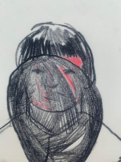 Girl with a baloon. Figurative ink and crayons drawing, Polish art