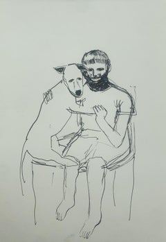 Boy with a dog. Figurative ink drawing, Minimalistic, Polish art