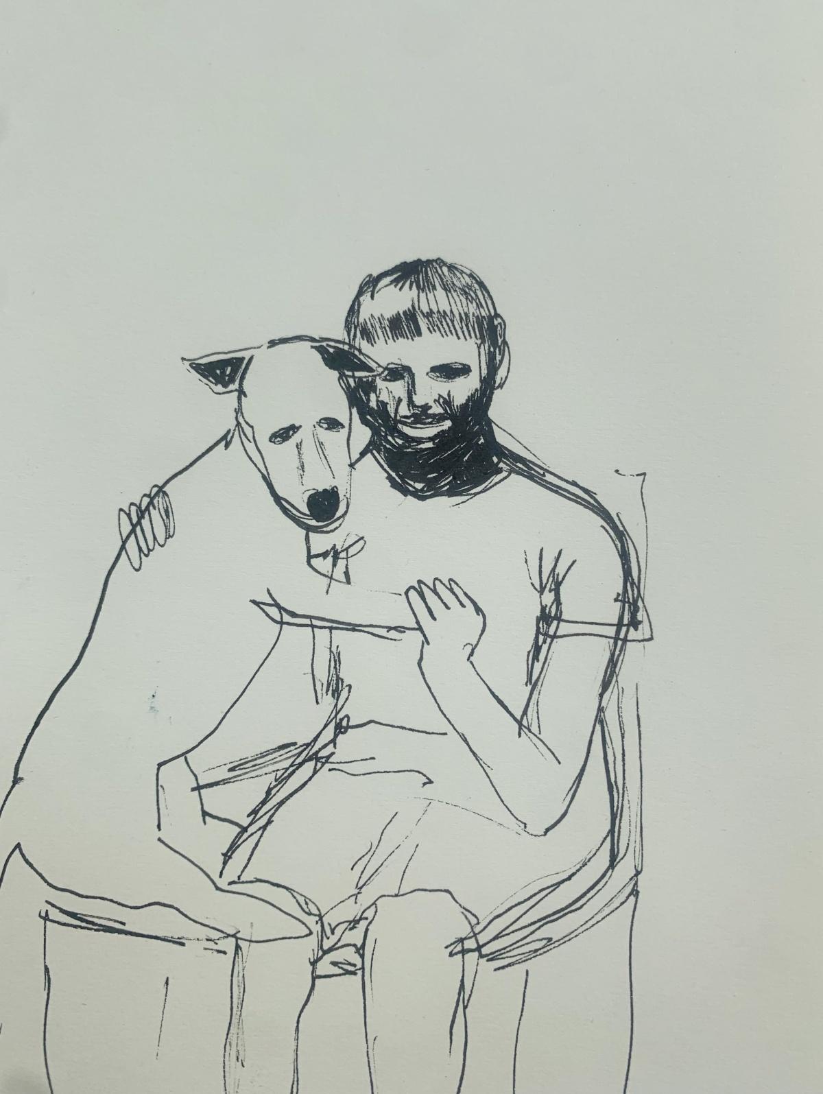 Boy with a dog dessin figuratif, minimaliste, art polonais - Art de Hanna Ilczyszyn