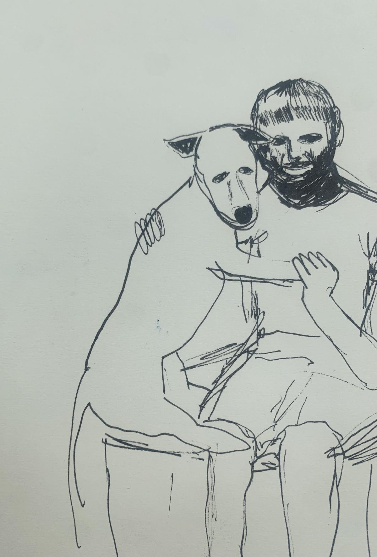 Boy with a dog dessin figuratif, minimaliste, art polonais - Contemporain Art par Hanna Ilczyszyn
