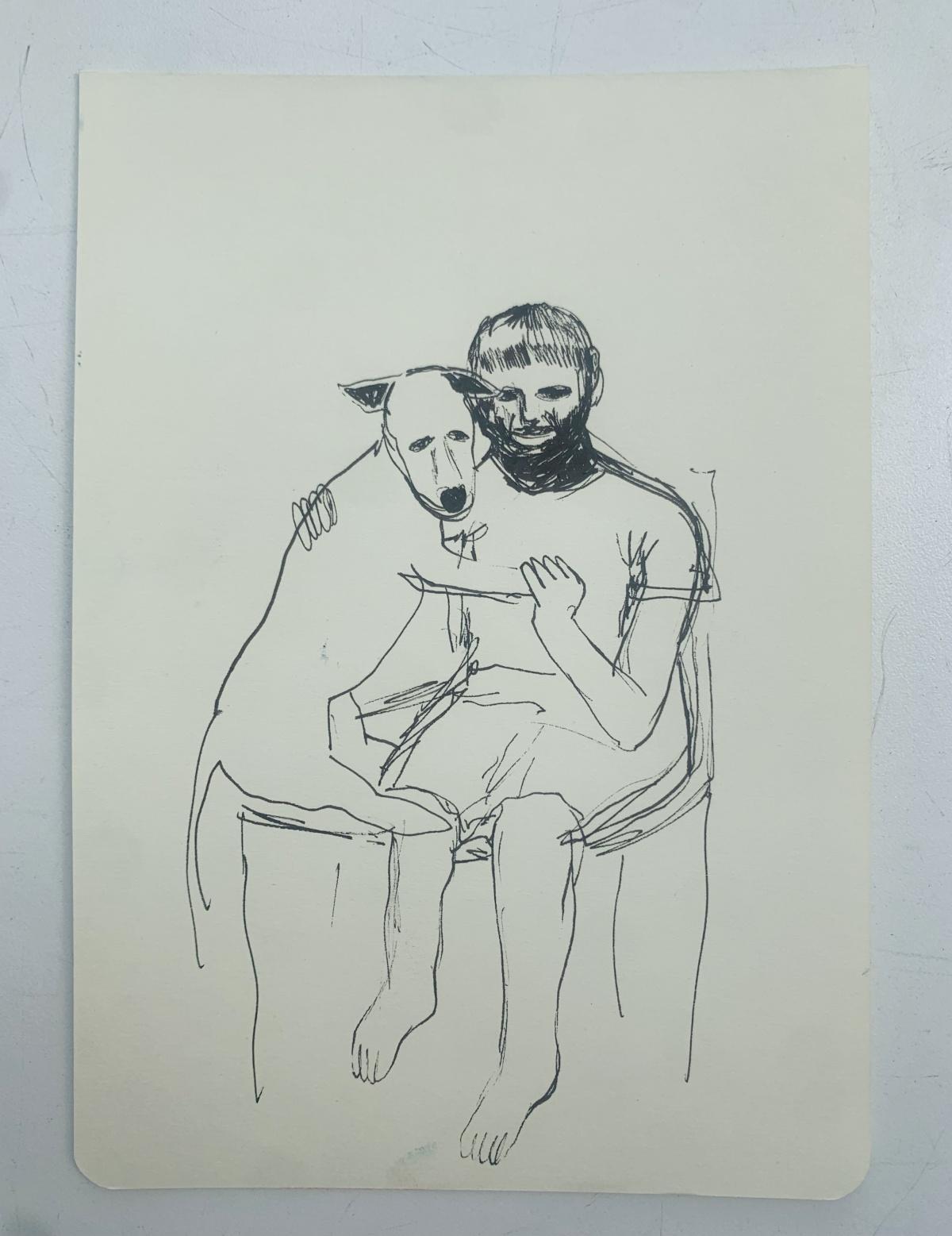 Boy with a dog dessin figuratif, minimaliste, art polonais - Gris Figurative Art par Hanna Ilczyszyn