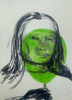 Ragazza con un pallone. Disegno figurativo a inchiostro e pastelli, arte polacca