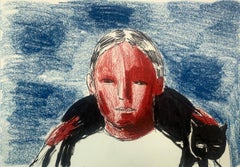 Boy with a cat. Figurative ink and crayons drawing, Polish art