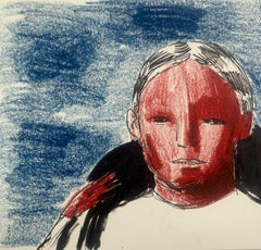 Boy with a cat, dessin figuratif à l'encre et aux crayons, art polonais