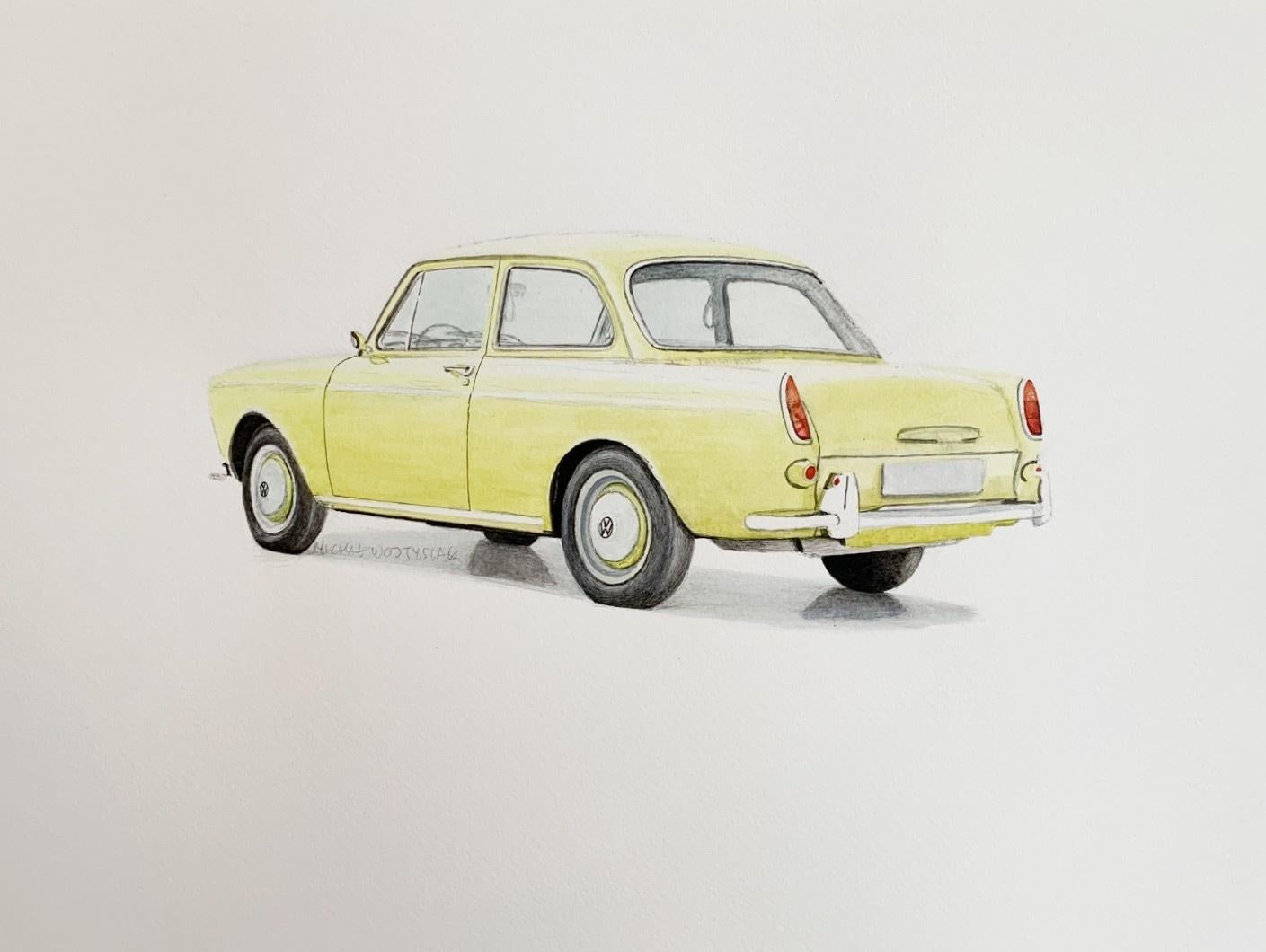Volkswagen 1500. Pintura figurativa realista acrílico sobre papel Arte polaco, Coche