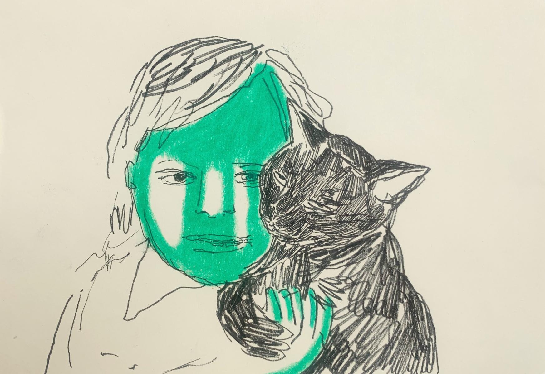 Niño con gato. Dibujo figurativo a tinta y lápices de colores, arte polaco
