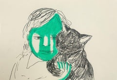 Niño con gato. Dibujo figurativo a tinta y lápices de colores, arte polaco
