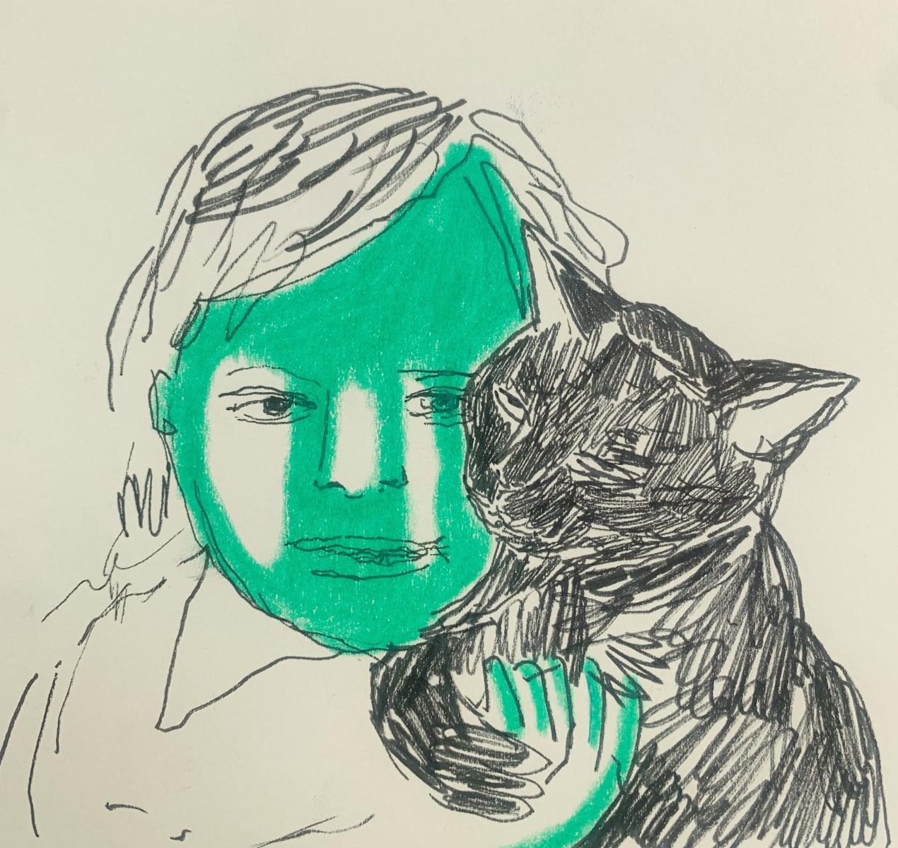 Ragazzo con gatto. Disegno figurativo a inchiostro e pastelli, arte polacca - Art di Hanna Ilczyszyn