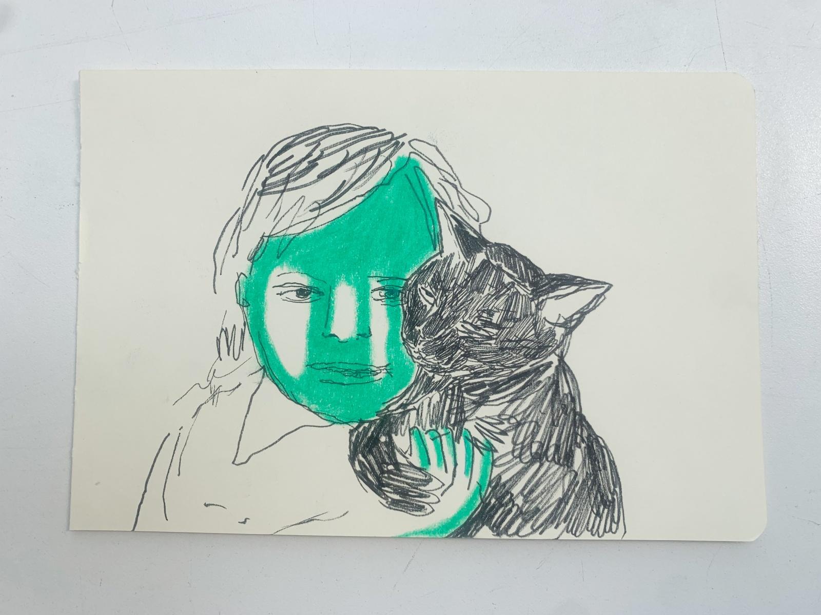 Ragazzo con gatto. Disegno figurativo a inchiostro e pastelli, arte polacca - Figurative Art Beige di Hanna Ilczyszyn