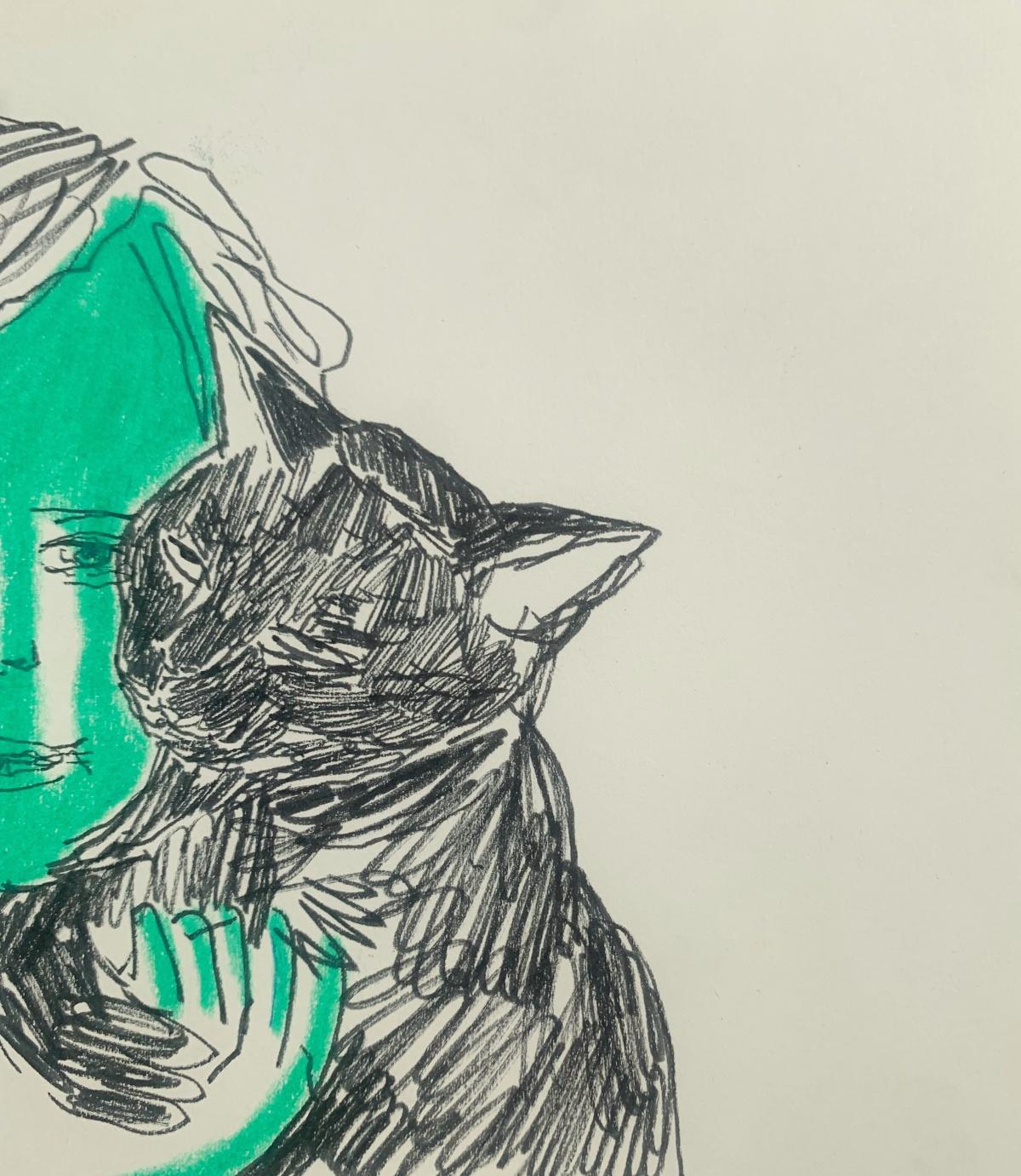 Ragazzo con gatto. Disegno figurativo a inchiostro e pastelli, arte polacca - Art Contemporaneo di Hanna Ilczyszyn