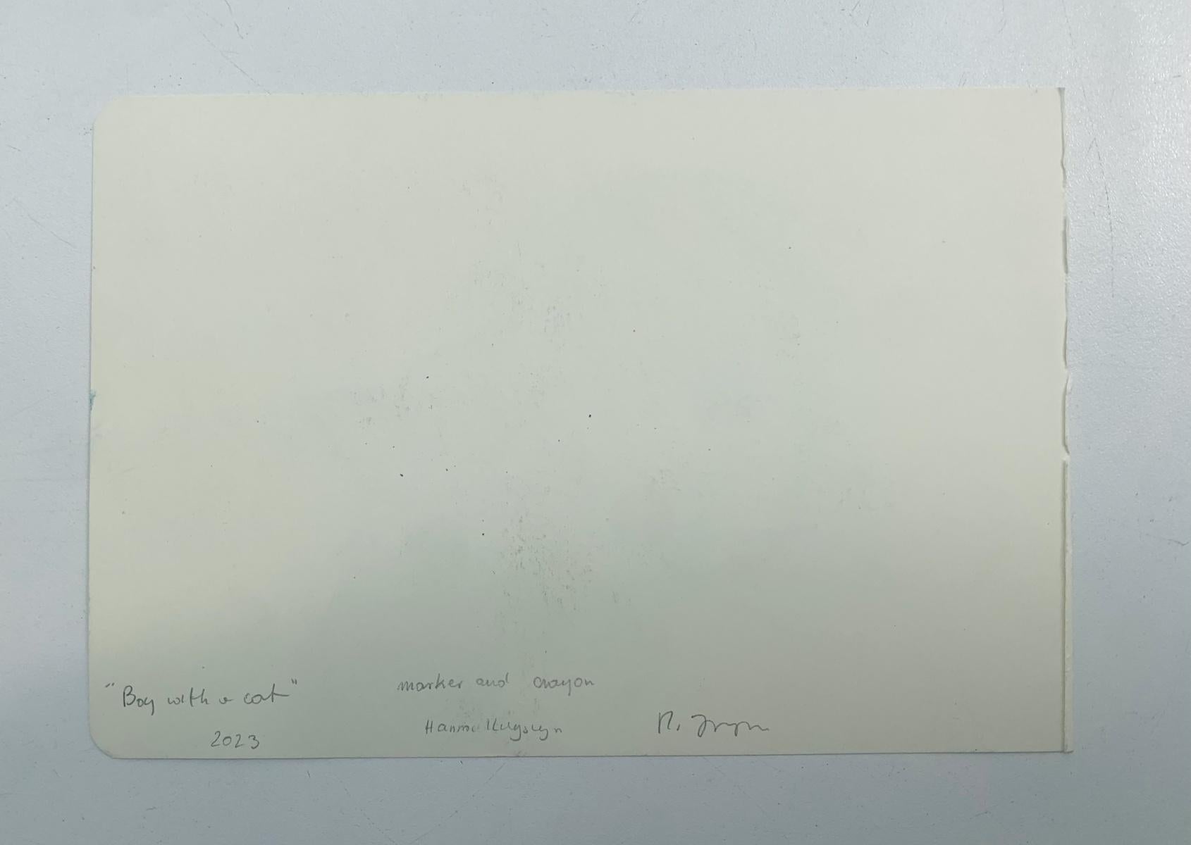 Pittura figurativa contemporanea a inchiostro e pastelli su carta dell'artista polacca residente in Belgio Hanna Ilczyszyn. L'opera d'arte raffigura un bambino con un gatto in braccio. I disegni sono per lo più in nero e verde.

HANNA ILCZYSZYN