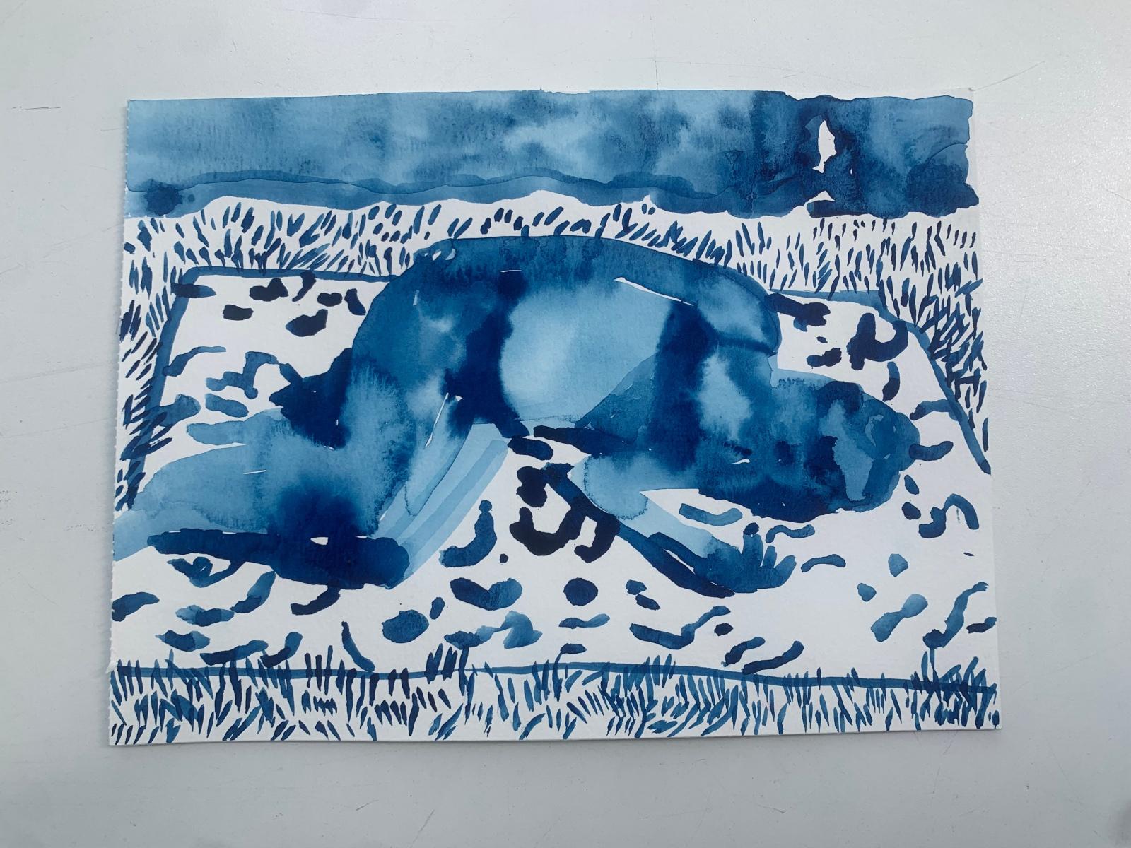 Caliente. Dibujo figurativo monocromático en acuarela, arte polaco - Art Contemporáneo de Hanna Ilczyszyn