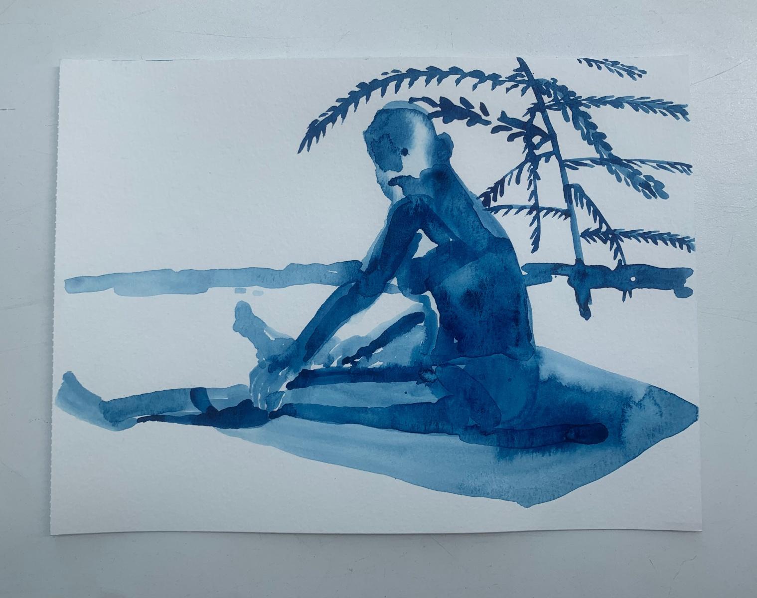 Caldo. Disegno figurativo monocromatico ad acquerello, arte polacca - Figurative Art Blu di Hanna Ilczyszyn