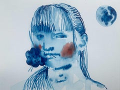 Girl with a flower. Monochromatic figurative watercolor drawing, Polish art