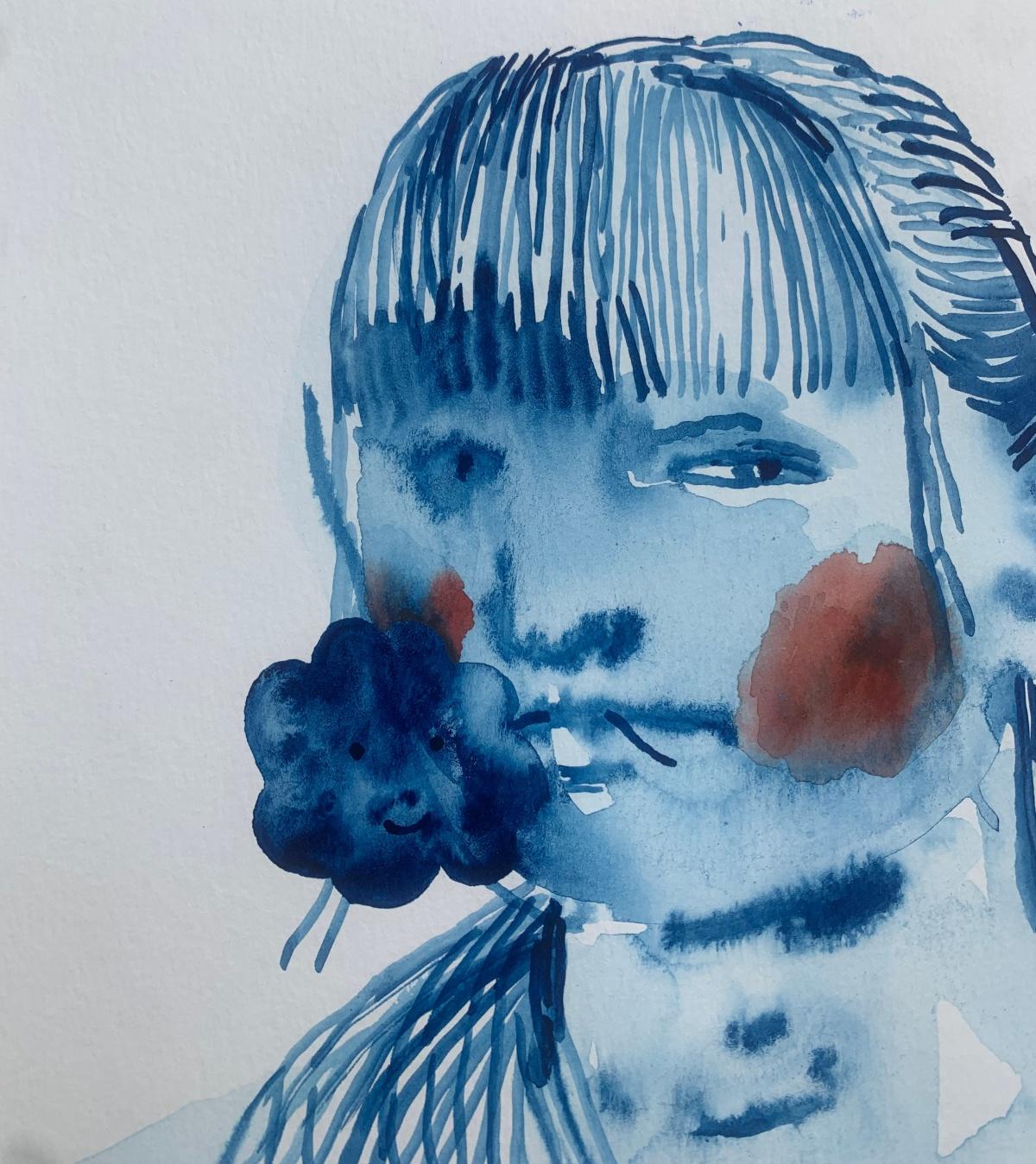 Ragazza con un fiore. Disegno figurativo monocromatico ad acquerello, arte polacca - Art Contemporaneo di Hanna Ilczyszyn