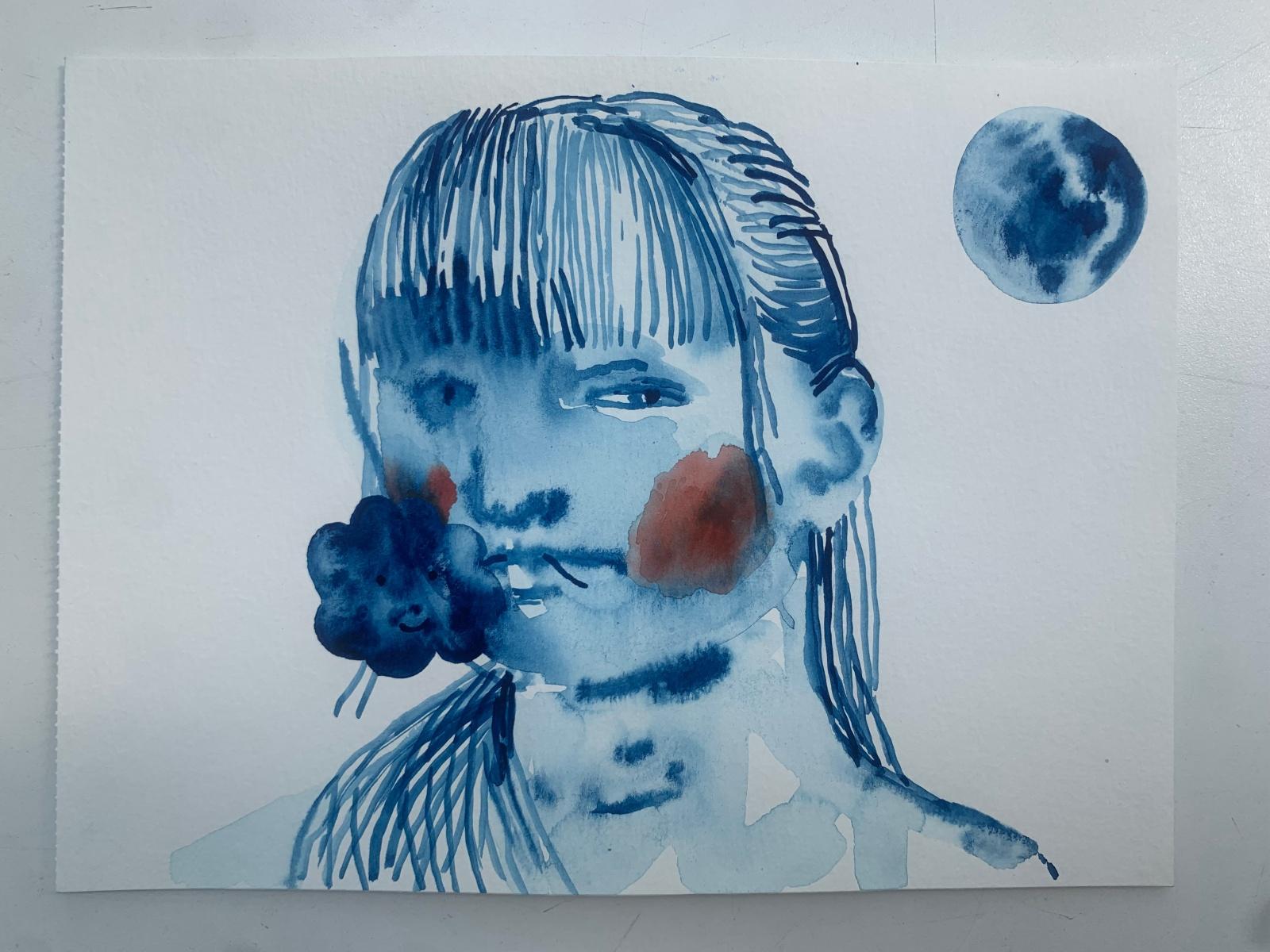 Ragazza con un fiore. Disegno figurativo monocromatico ad acquerello, arte polacca - Figurative Art Blu di Hanna Ilczyszyn