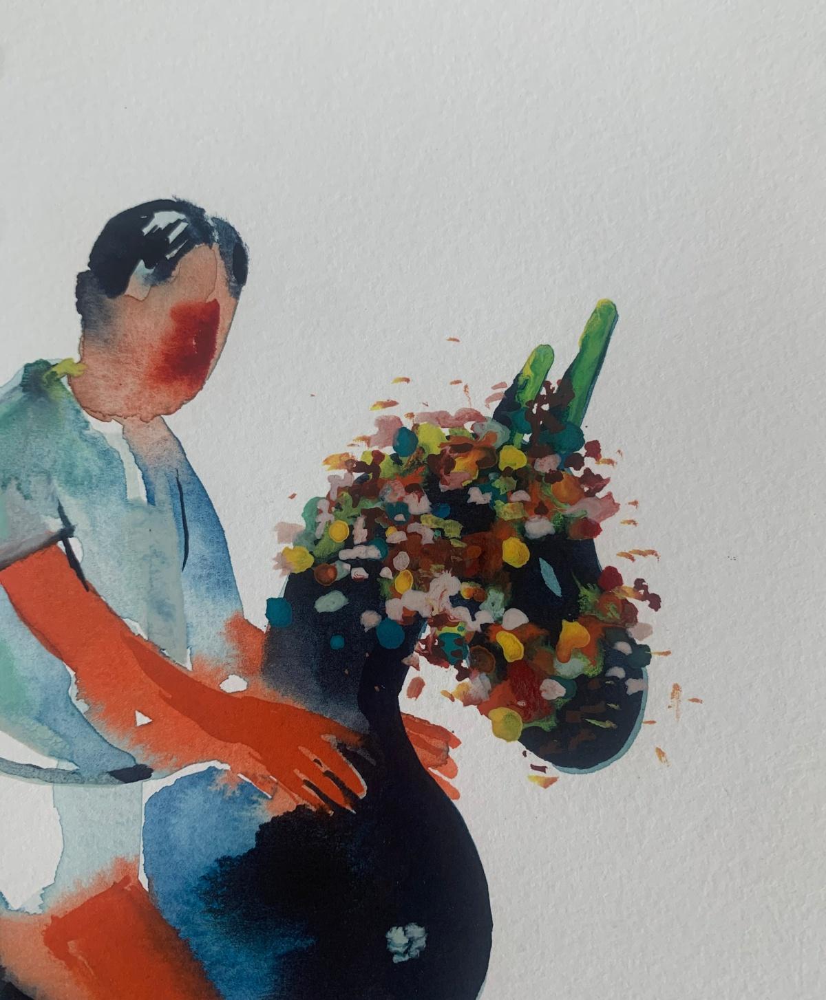 Nocefresca. Disegno figurativo colorato ad acquerello, artista polacco - Figurative Art Grigio di Hanna Ilczyszyn