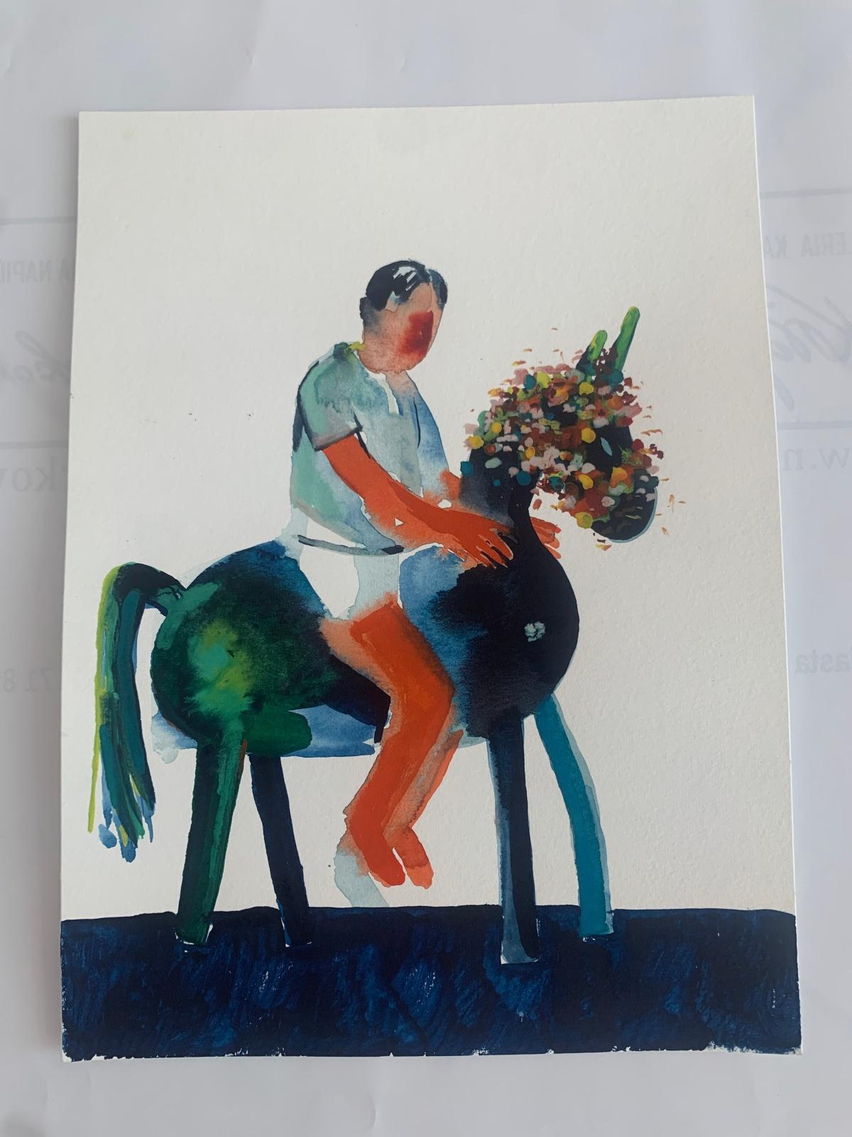 Acquerello figurativo contemporaneo su carta dell'artista polacca residente in Belgio Hanna Ilczyszyn. L'opera d'arte raffigura un cavaliere che cavalca una creatura simile a unicorno. La pittura è colorata. È stato creato durante un soggiorno di