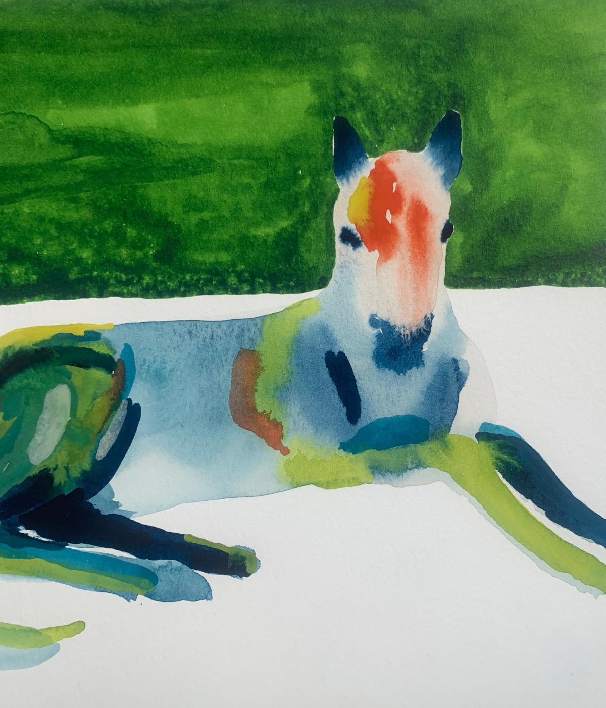 Nocefresca. Disegno figurativo colorato ad acquerello, Cavallo, artista polacco - Figurative Art Verde di Hanna Ilczyszyn