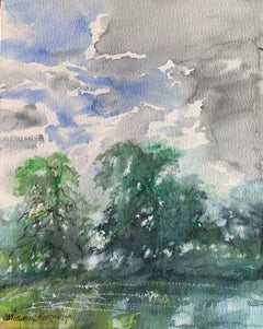 Nachdenken am Teich. Acryl, Gouache auf Papier, Landschaft, Classic, Polnische Kunst