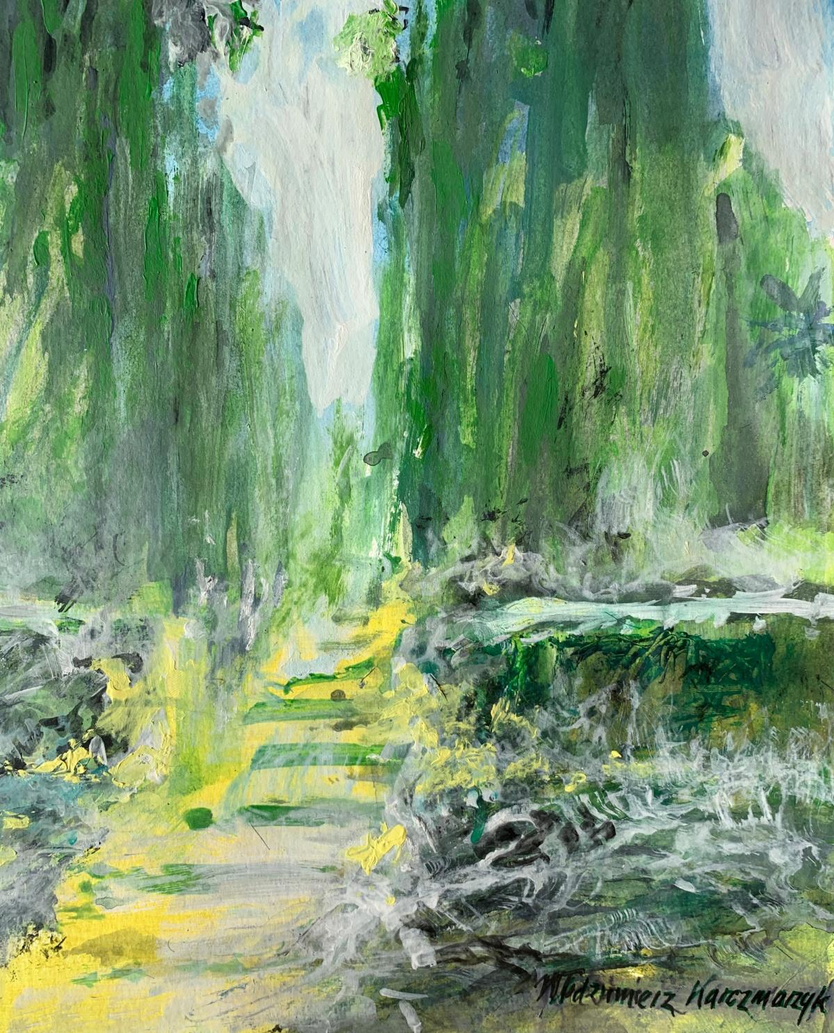 Alhambra gardens in Granada Acrylic on paper, Landscape, Classic, Polish art - Gray Figurative Art by Włodzimierz Karczmarzyk