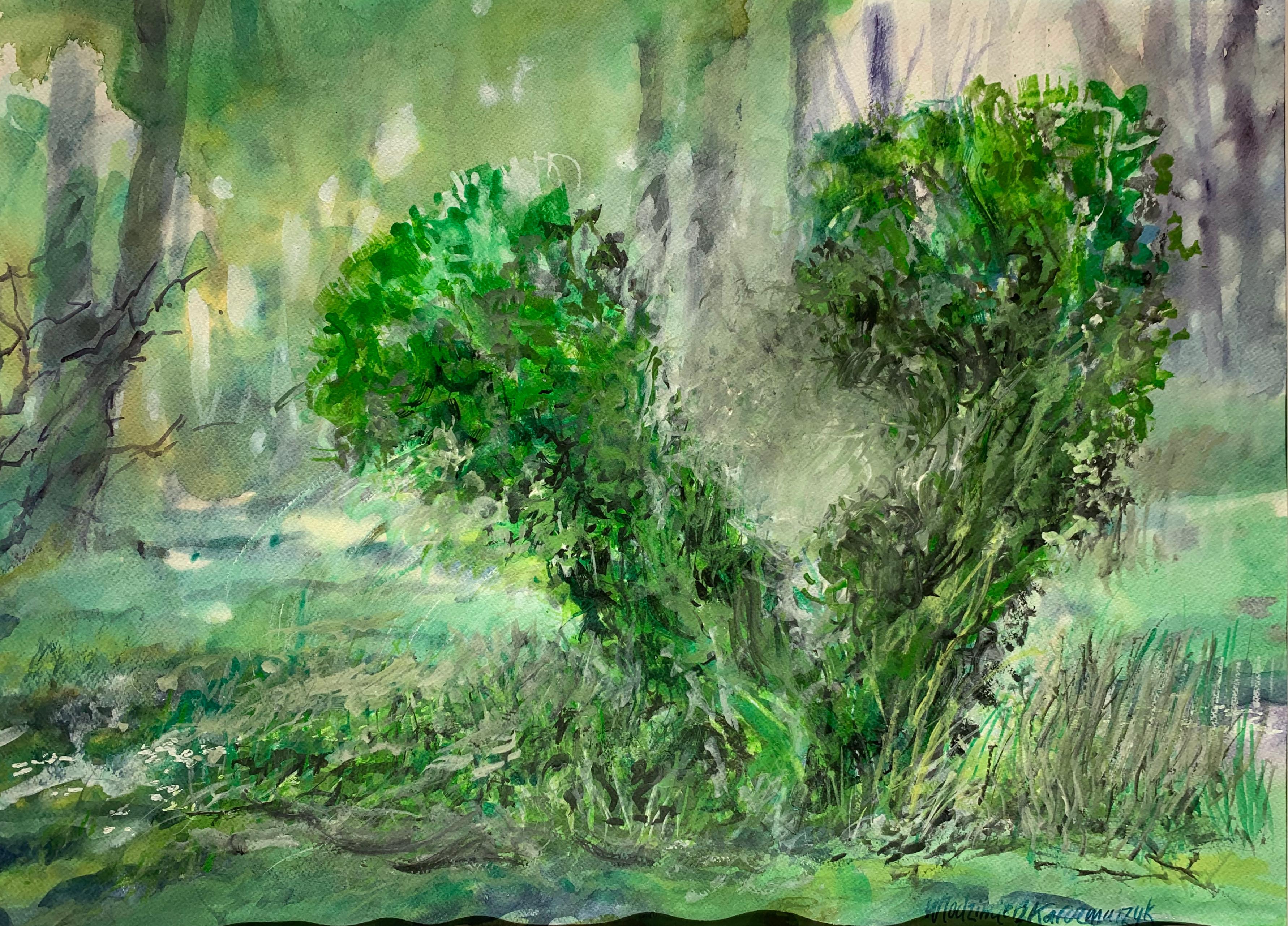 Arbre du parc. Acrylique, aquarelle sur papier, Paysage, Classic, Polish art en vente 1