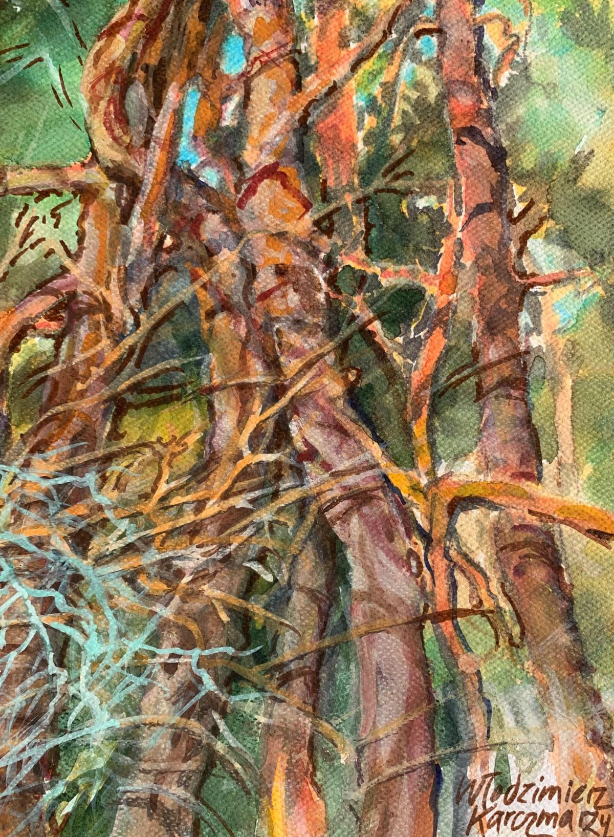 Contemporary watercolour painting on paper by Polish artist Wlodzimierz Karczmarzyk. The title is 'Family tangle. Main colour is green. Artwork's style is sketch-like but realistic at the same time.

WŁODZIMIERZ KARCZMARZYK (born in 1930) Painter