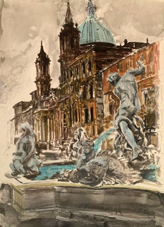 Rom, Platz Navona. Acryl auf Papier, Architektur, Classic, Polnischer Künstler